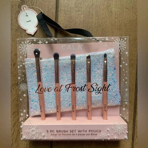 Makeup Brush & Zipper Bag 5pc Set Gold White Sparkle Bag Gift